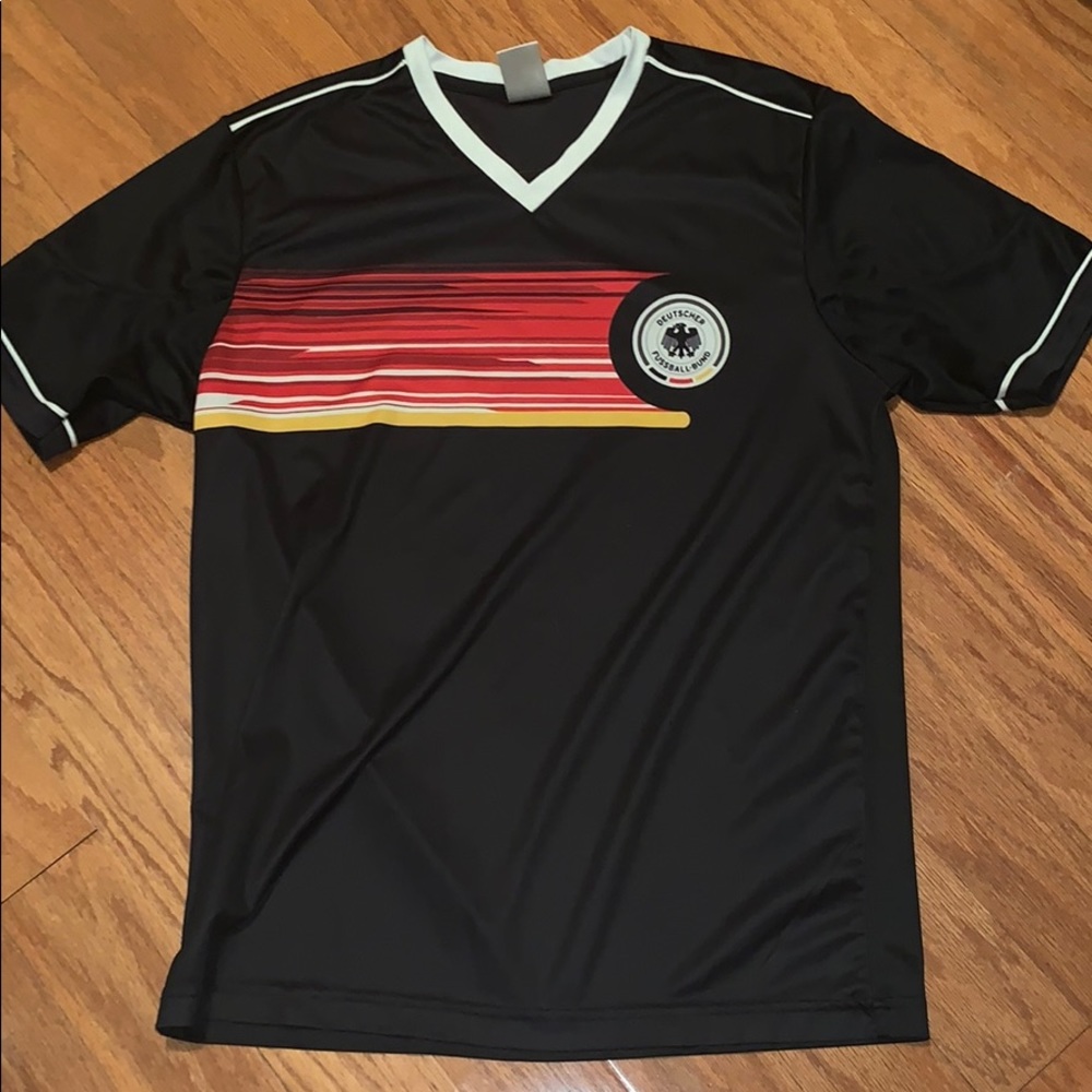 Men's Black Short Sleeve Tee with Red and Yellow Stripe Accent